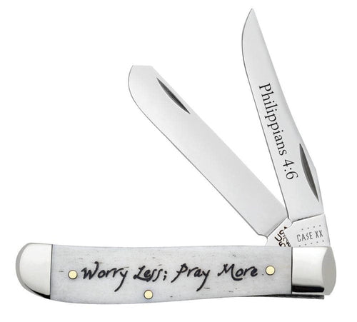 Case XX Religious Sayings Worry Less, Pray More Embellished Smooth Natural Bone Mini Trapper