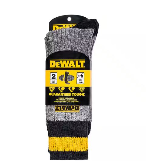 Dewalt Men 10-13 Grey Wool Blend Boot Crew Sock (2-Pack Grey)