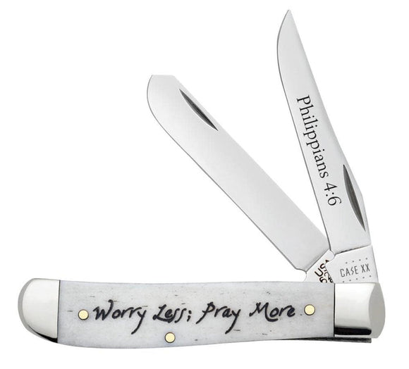 Case XX Religious Sayings Worry Less, Pray More Embellished Smooth Natural Bone Mini Trapper (Natural Bone)