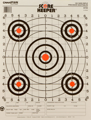 Champion Targets 45726 Scorekeeper 100yd Sight-In Bullseye Hanging Paper Target 14 x 18 12 Per Pack