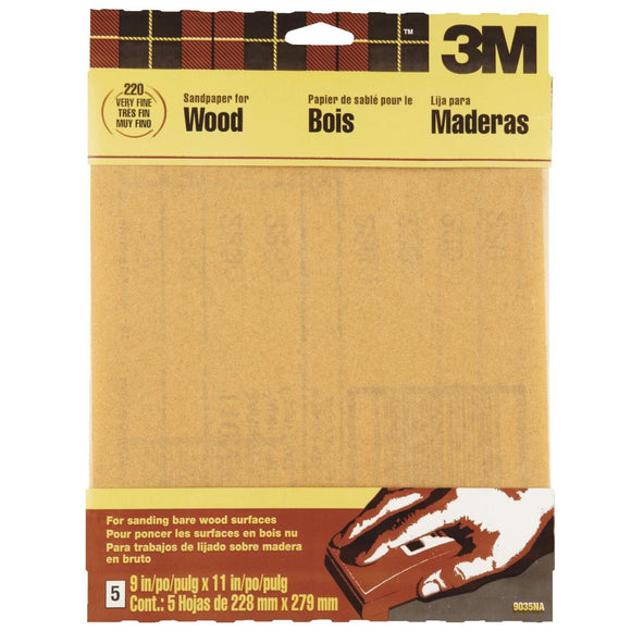 3M Bare Wood 9 In. x 11 In. 220 Grit Very Fine Sandpaper (5-Pack)