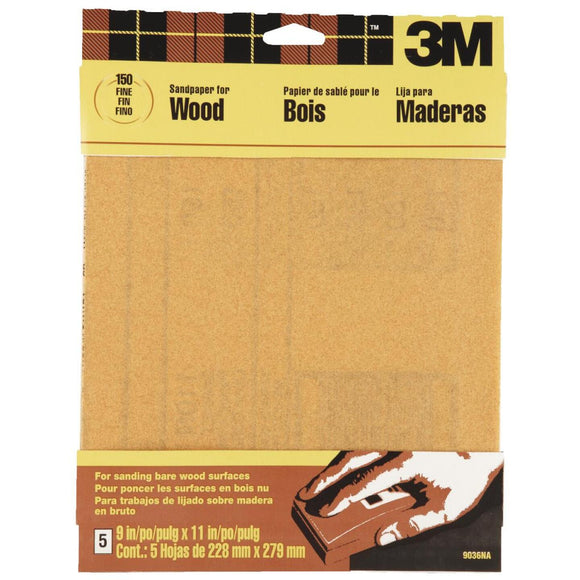3M Bare Wood 9 In. x 11 In. 150 Grit Fine Sandpaper (5-Pack)