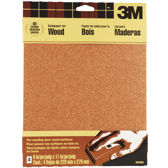 3M Bare Wood 9 In. x 11 In. 60 Grit Coarse Sandpaper (4-Pack)